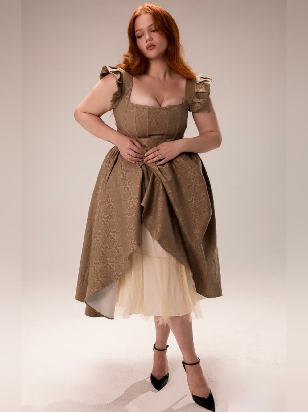 🇺🇸FIRM PRICE🇺🇸 ALESSANDRA Gold Jacquard Midi Dress With Detachable Bow